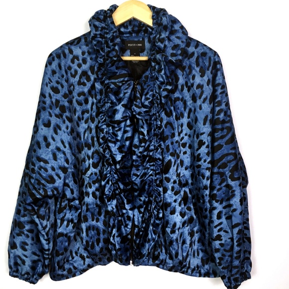 Focus 2000 Jackets & Blazers - Focus 2000 Blue Animal Print Ruffle Zip Up Jacket
